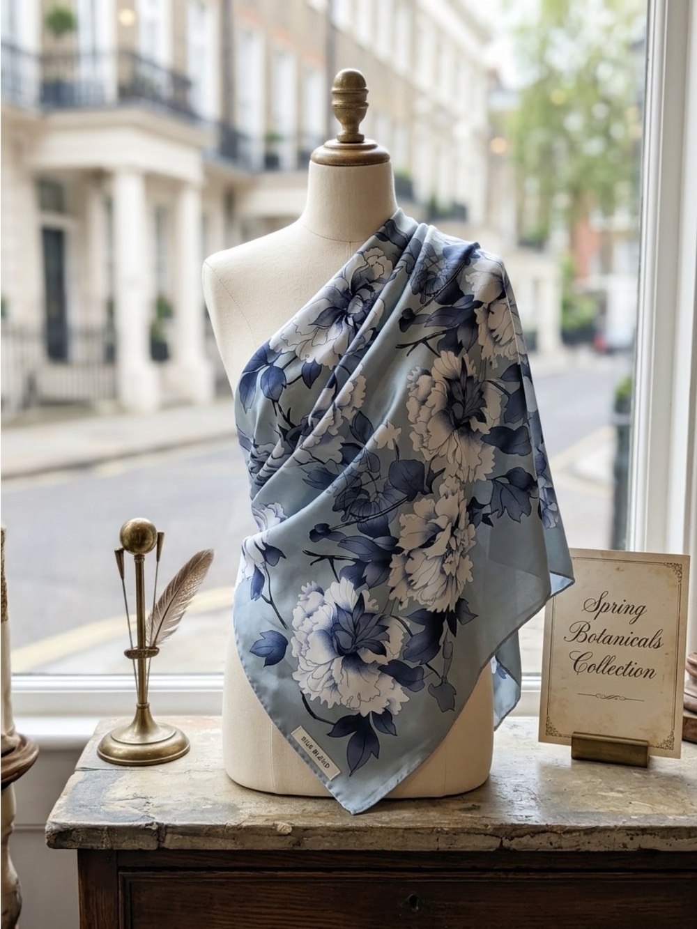 Blue Floral Silk Scarf
